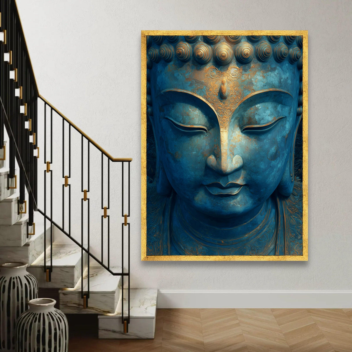 Serene Buddha Face Canvas Wall Art, Blue and Gold Meditation Decor, Spiritual Zen Canvas, Tranquil Home Decoration, Ready To Hang Decoration