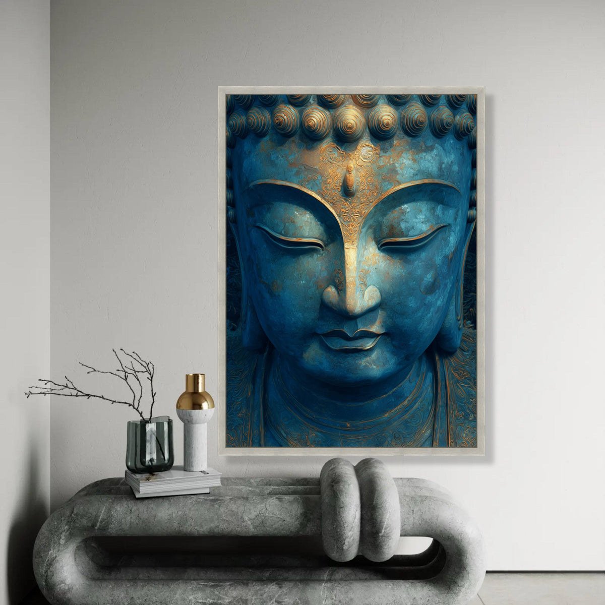 Serene Buddha Face Canvas Wall Art, Blue and Gold Meditation Decor, Spiritual Zen Canvas, Tranquil Home Decoration, Ready To Hang Decoration