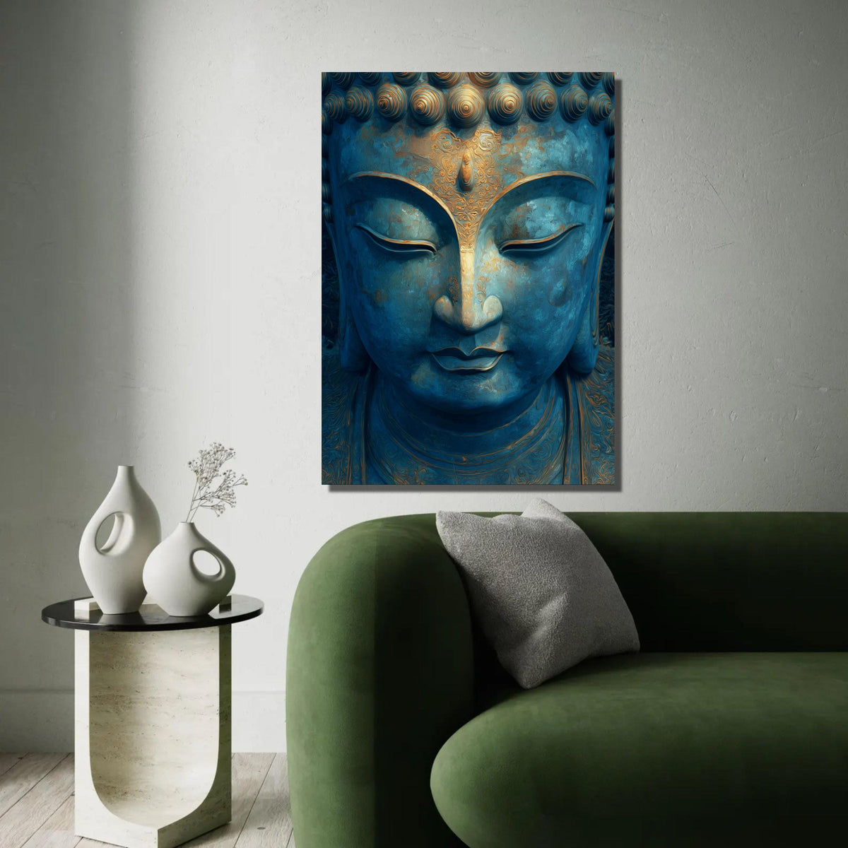 Serene Buddha Face Canvas Wall Art, Blue and Gold Meditation Decor, Spiritual Zen Canvas, Tranquil Home Decoration, Ready To Hang Decoration