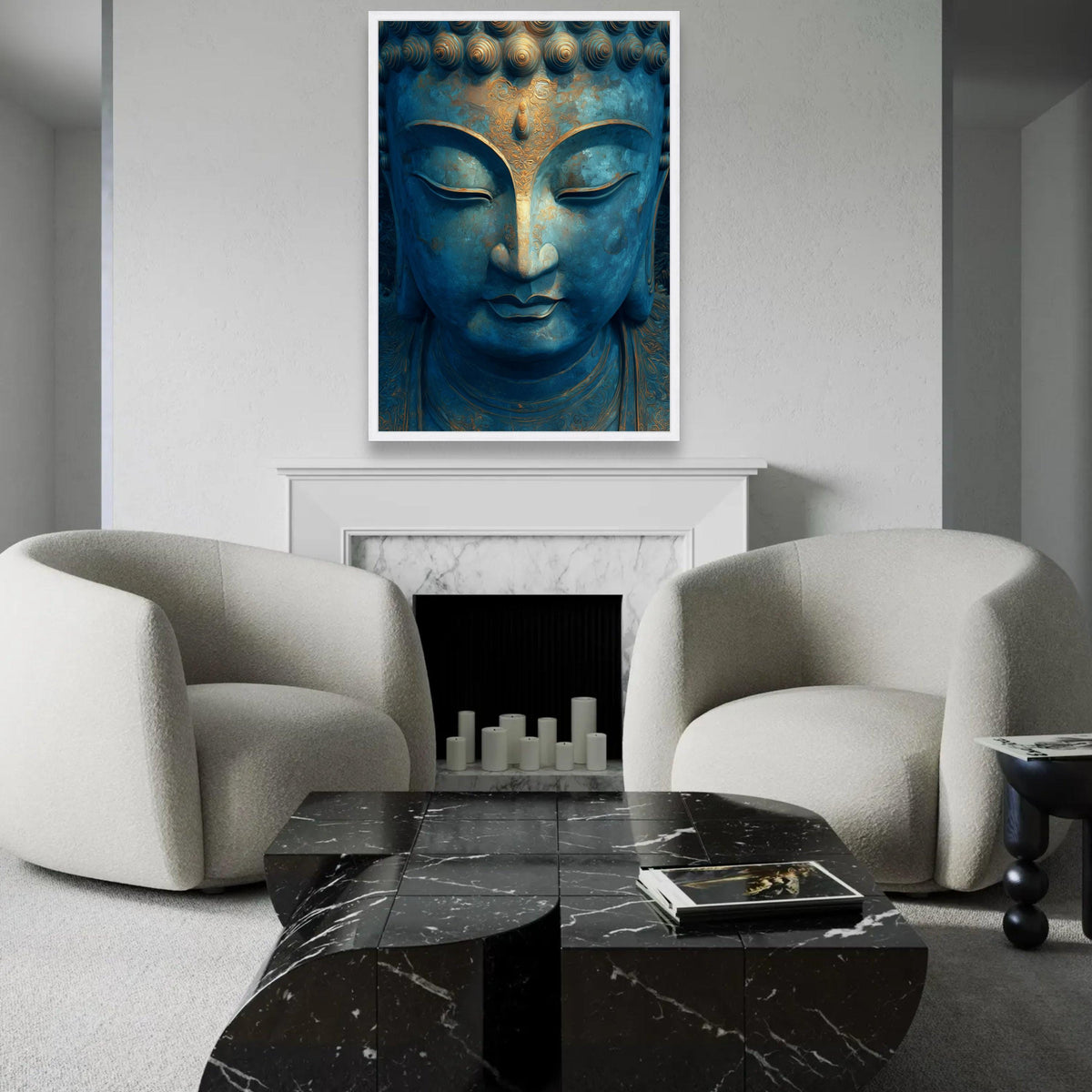 Serene Buddha Face Canvas Wall Art, Blue and Gold Meditation Decor, Spiritual Zen Canvas, Tranquil Home Decoration, Ready To Hang Decoration