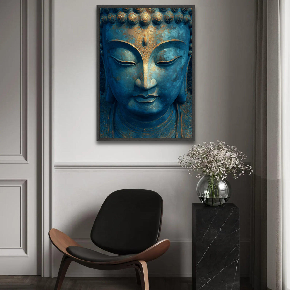 Serene Buddha Face Canvas Wall Art, Blue and Gold Meditation Decor, Spiritual Zen Canvas, Tranquil Home Decoration, Ready To Hang Decoration