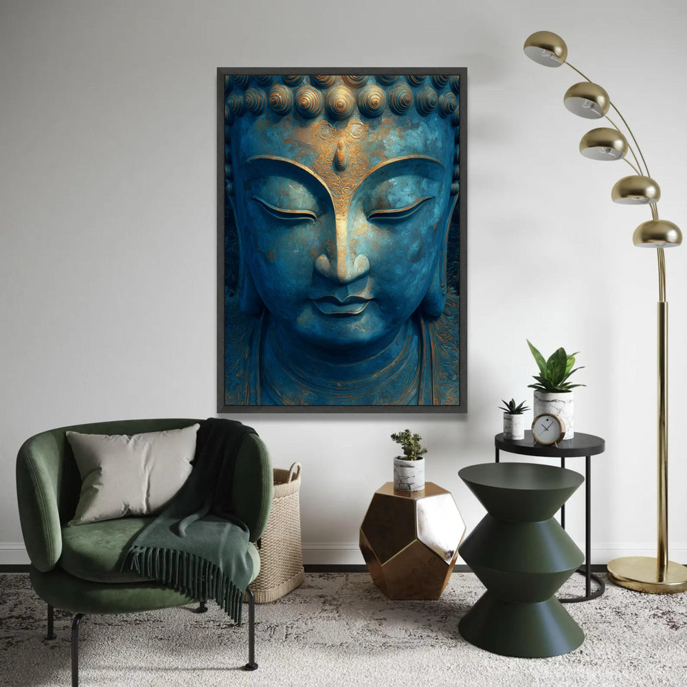 Serene Buddha Face Canvas Wall Art, Blue and Gold Meditation Decor, Spiritual Zen Canvas, Tranquil Home Decoration, Ready To Hang Decoration