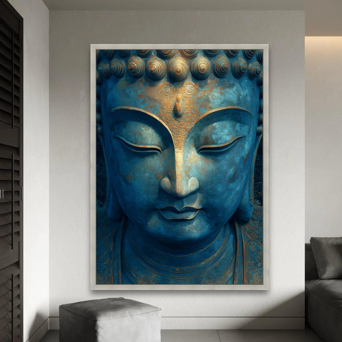 Serene Buddha Face Canvas Wall Art, Blue and Gold Meditation Decor, Spiritual Zen Canvas, Tranquil Home Decoration, Ready To Hang Decoration
