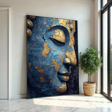 Tranquil Buddha Face Canvas, Blue and Gold Cracked Spiritual Wall Art, Meditation Decor, Zen Canvas Painting, Home Ready To Hang Decoration