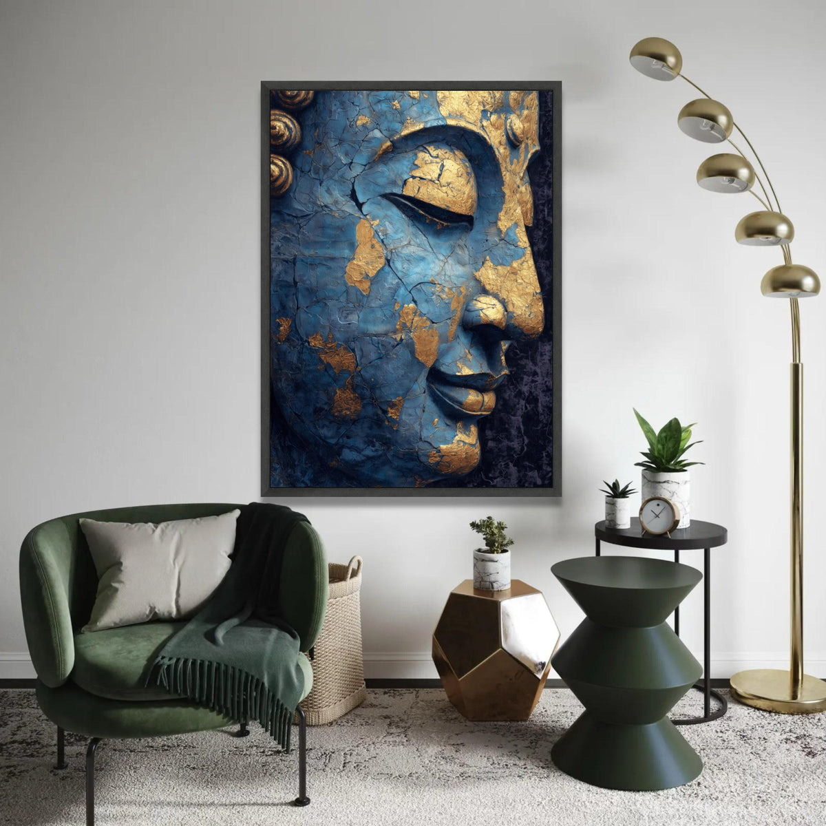 Tranquil Buddha Face Canvas, Blue and Gold Cracked Spiritual Wall Art, Meditation Decor, Zen Canvas Painting, Home Ready To Hang Decoration