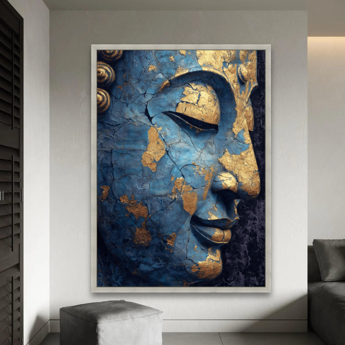 Tranquil Buddha Face Canvas, Blue and Gold Cracked Spiritual Wall Art, Meditation Decor, Zen Canvas Painting, Home Ready To Hang Decoration