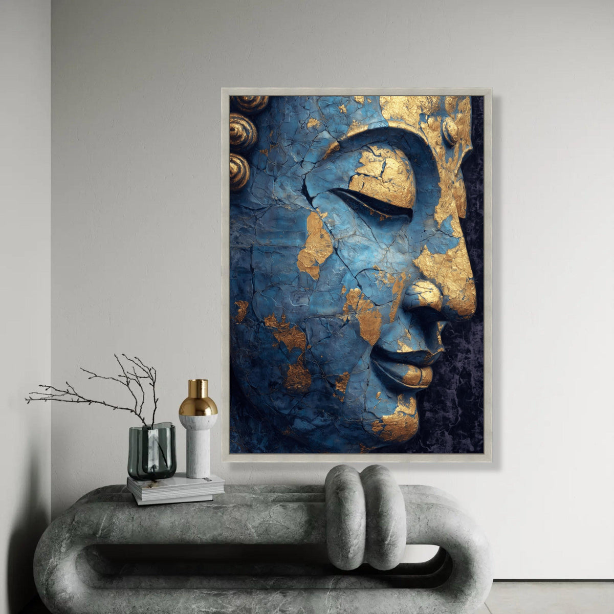 Tranquil Buddha Face Canvas, Blue and Gold Cracked Spiritual Wall Art, Meditation Decor, Zen Canvas Painting, Home Ready To Hang Decoration