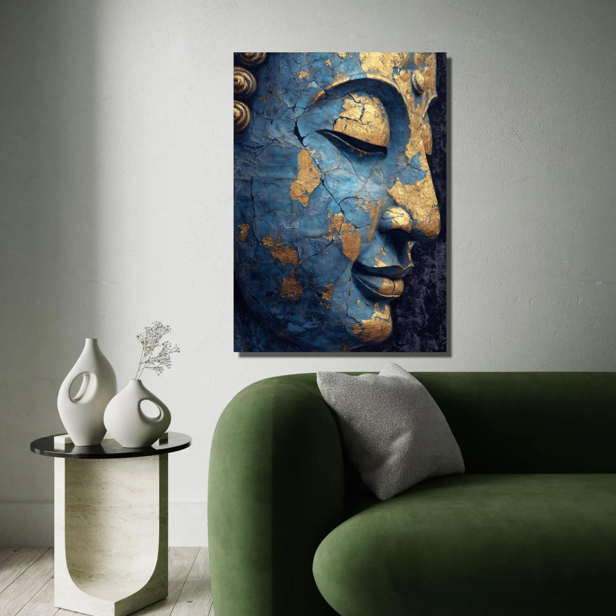 Tranquil Buddha Face Canvas, Blue and Gold Cracked Spiritual Wall Art, Meditation Decor, Zen Canvas Painting, Home Ready To Hang Decoration