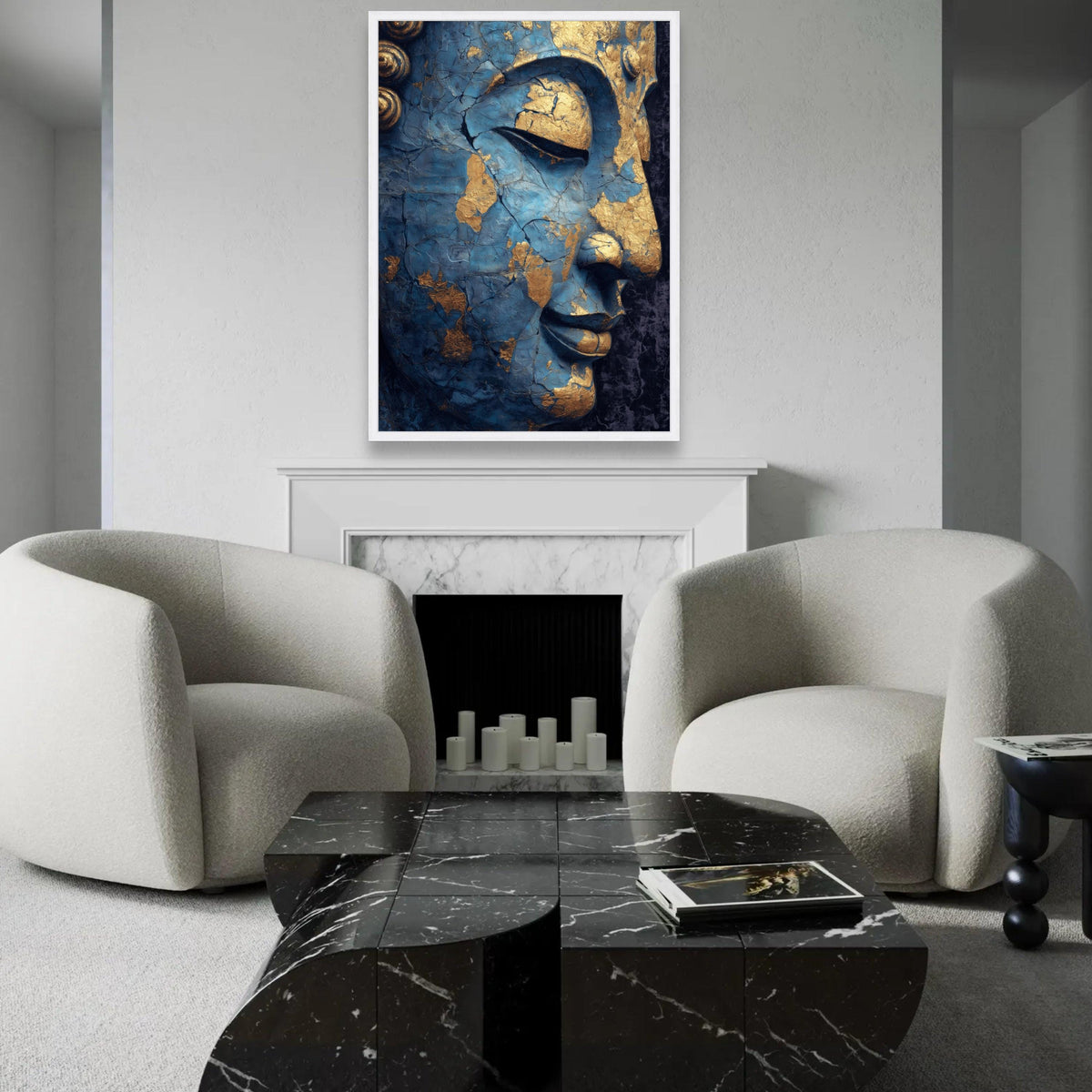 Tranquil Buddha Face Canvas, Blue and Gold Cracked Spiritual Wall Art, Meditation Decor, Zen Canvas Painting, Home Ready To Hang Decoration