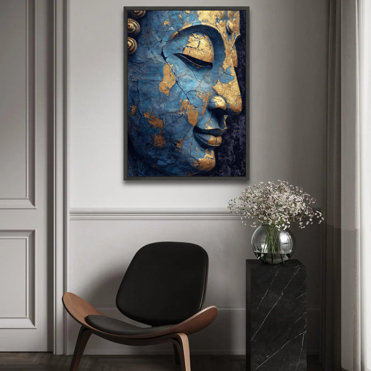 Tranquil Buddha Face Canvas, Blue and Gold Cracked Spiritual Wall Art, Meditation Decor, Zen Canvas Painting, Home Ready To Hang Decoration
