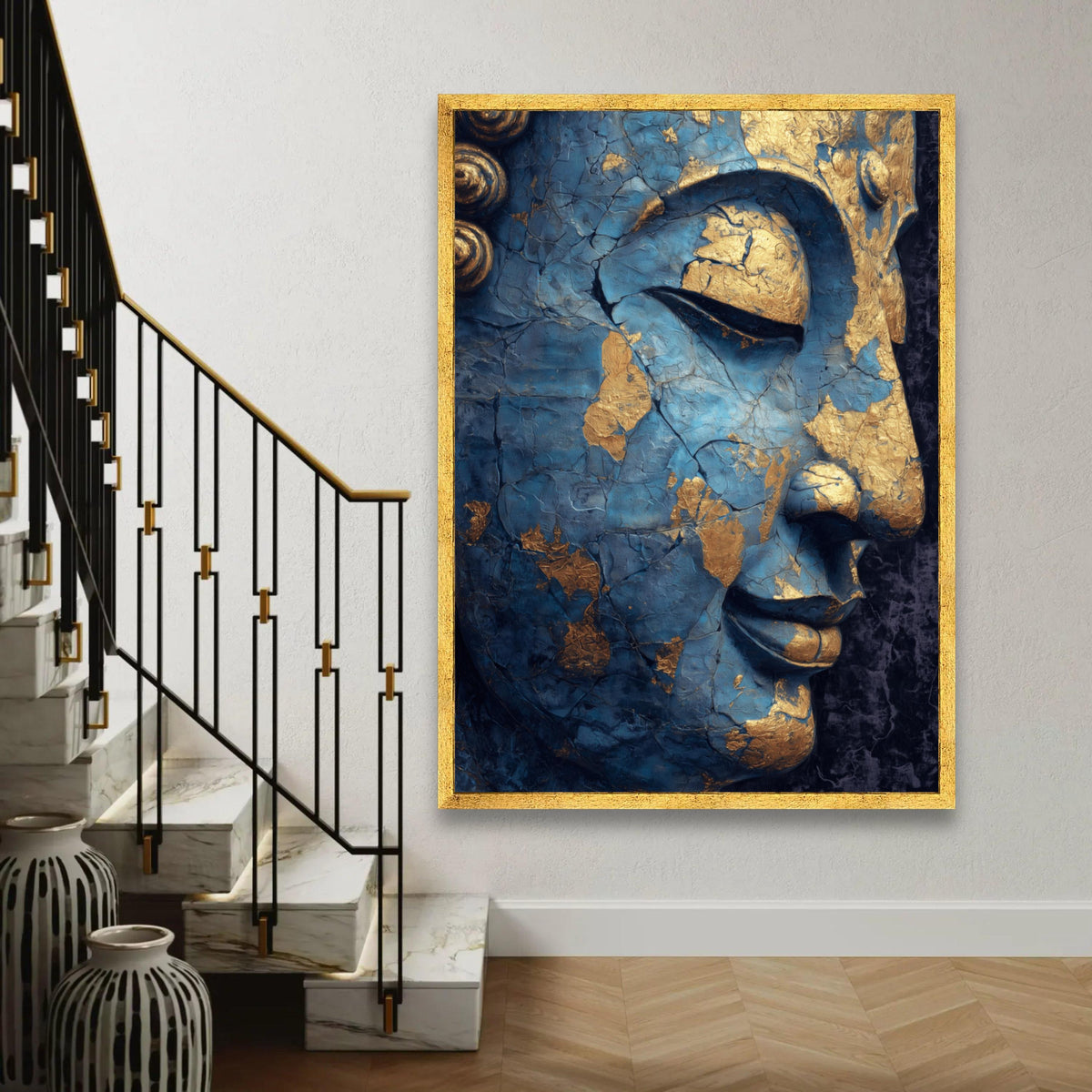 Tranquil Buddha Face Canvas, Blue and Gold Cracked Spiritual Wall Art, Meditation Decor, Zen Canvas Painting, Home Ready To Hang Decoration