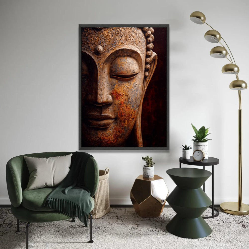 Serene Buddha Face Canvas, Spiritual Wall Art, Buddha Sculpture Print, Zen Meditation Decor, Peaceful Home Ready To Hang Decoration