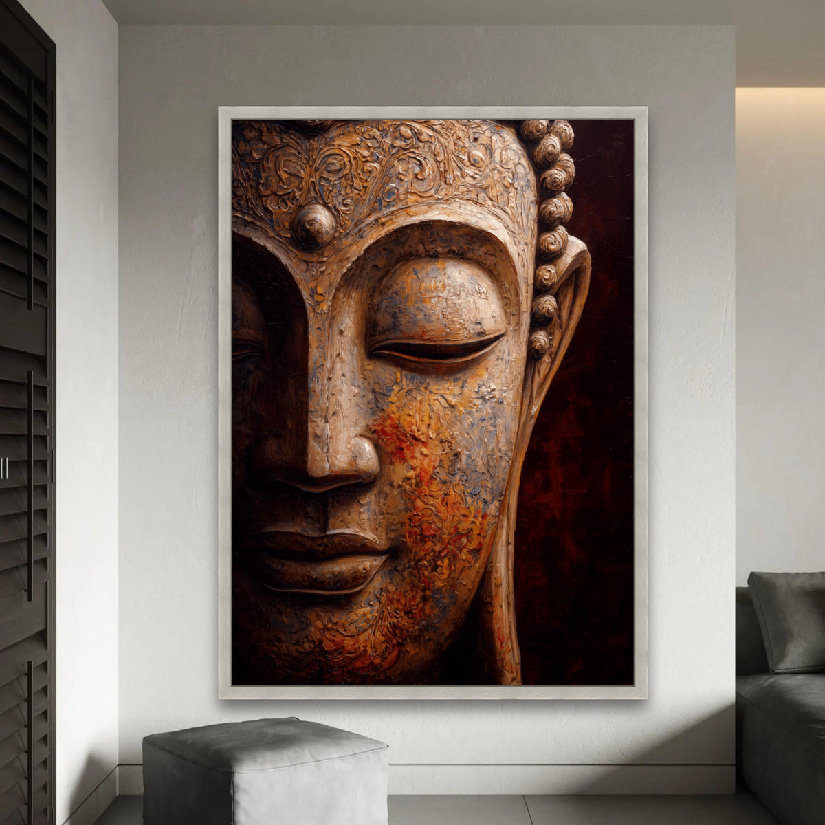 Serene Buddha Face Canvas, Spiritual Wall Art, Buddha Sculpture Print, Zen Meditation Decor, Peaceful Home Ready To Hang Decoration