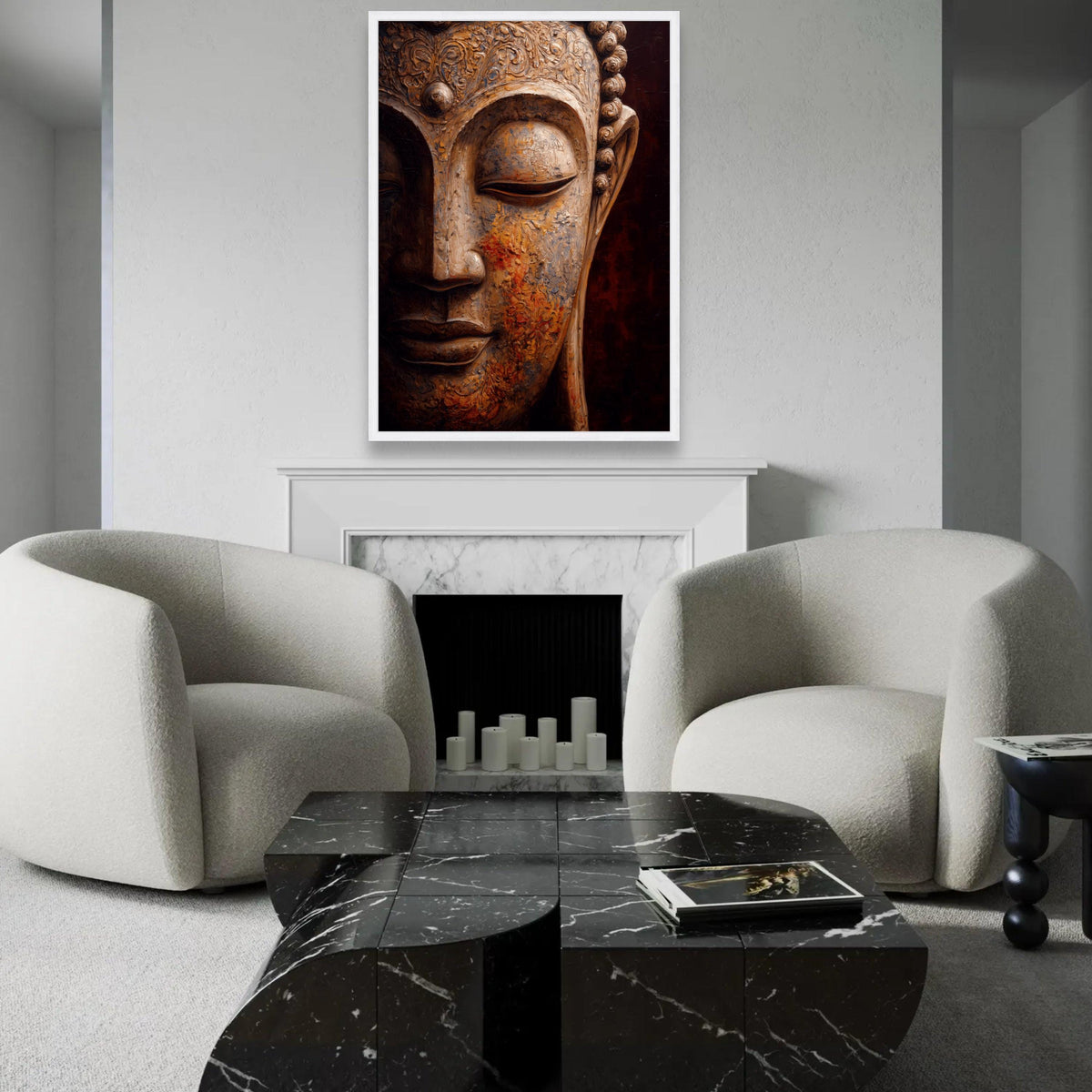 Serene Buddha Face Canvas, Spiritual Wall Art, Buddha Sculpture Print, Zen Meditation Decor, Peaceful Home Ready To Hang Decoration