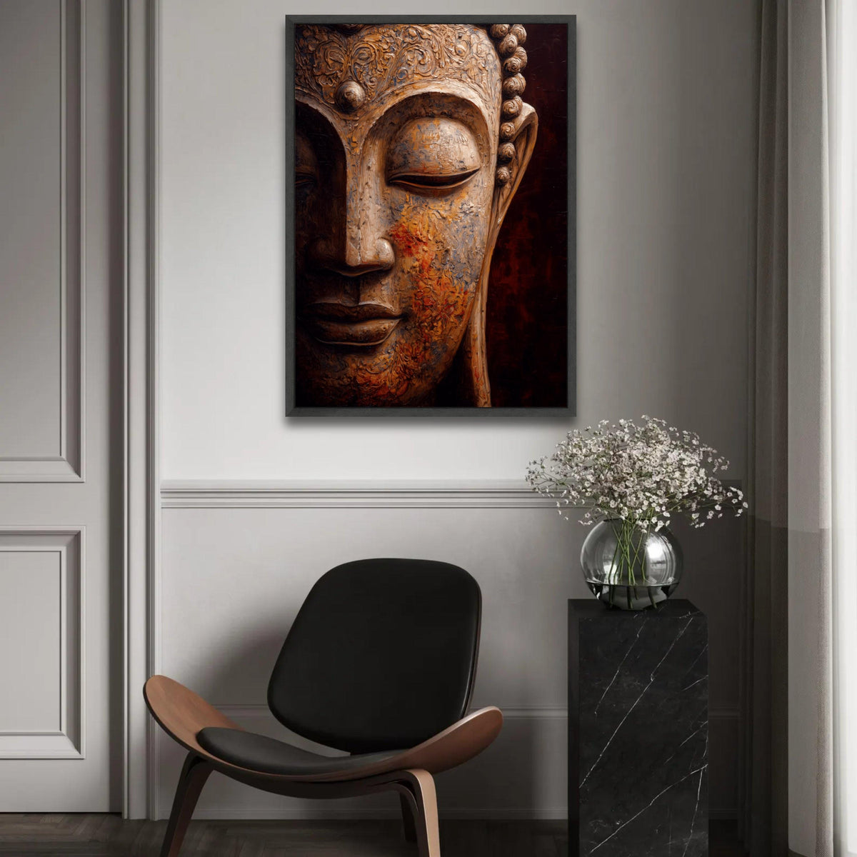 Serene Buddha Face Canvas, Spiritual Wall Art, Buddha Sculpture Print, Zen Meditation Decor, Peaceful Home Ready To Hang Decoration
