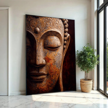 Serene Buddha Face Canvas, Spiritual Wall Art, Buddha Sculpture Print, Zen Meditation Decor, Peaceful Home Ready To Hang Decoration