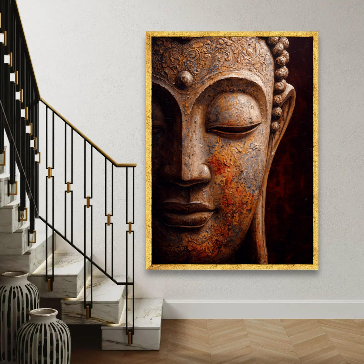 Serene Buddha Face Canvas, Spiritual Wall Art, Buddha Sculpture Print, Zen Meditation Decor, Peaceful Home Ready To Hang Decoration