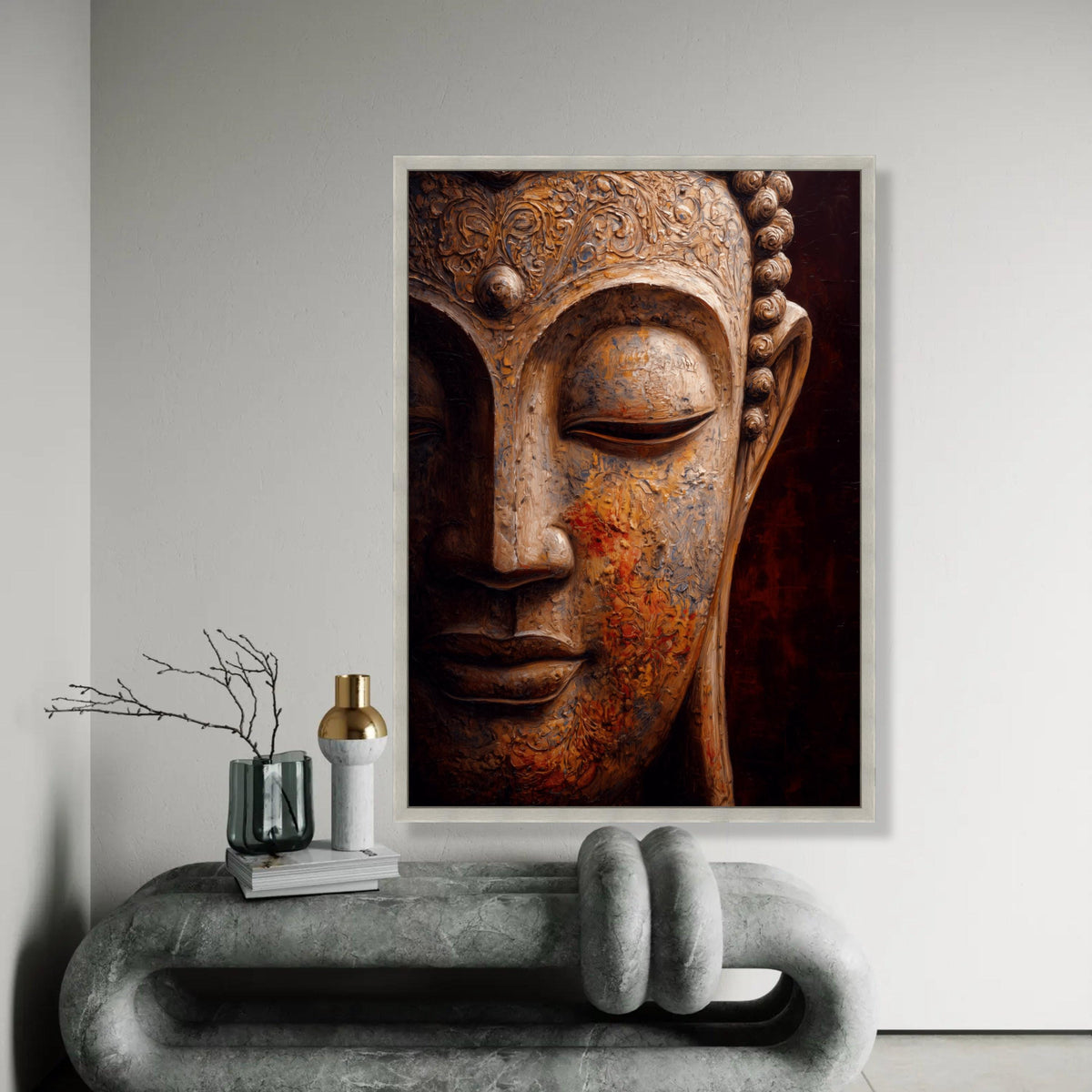 Serene Buddha Face Canvas, Spiritual Wall Art, Buddha Sculpture Print, Zen Meditation Decor, Peaceful Home Ready To Hang Decoration