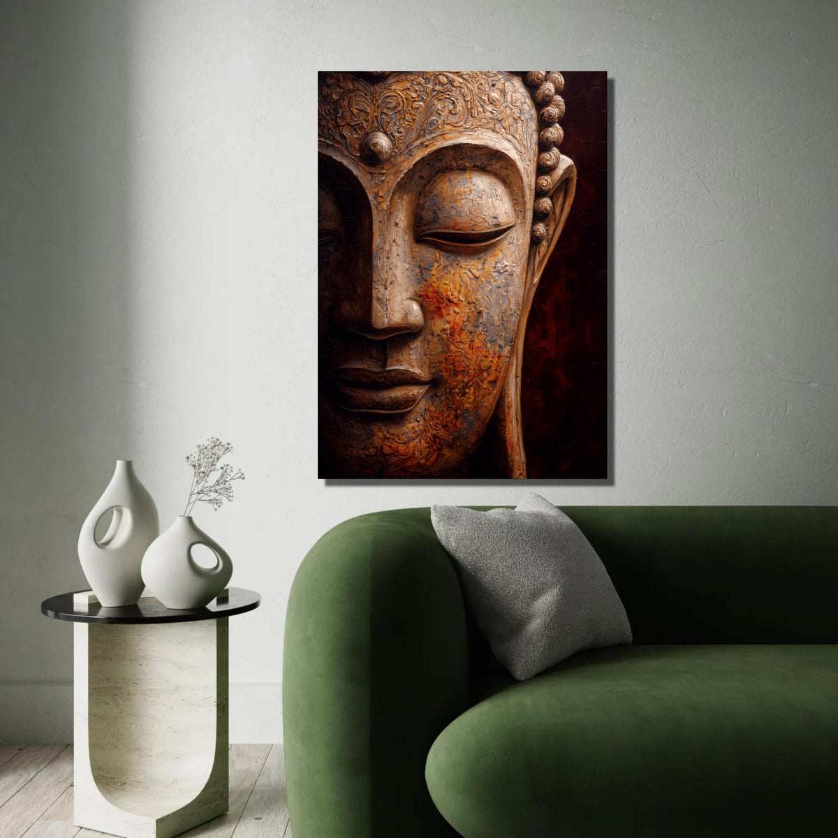 Serene Buddha Face Canvas, Spiritual Wall Art, Buddha Sculpture Print, Zen Meditation Decor, Peaceful Home Ready To Hang Decoration