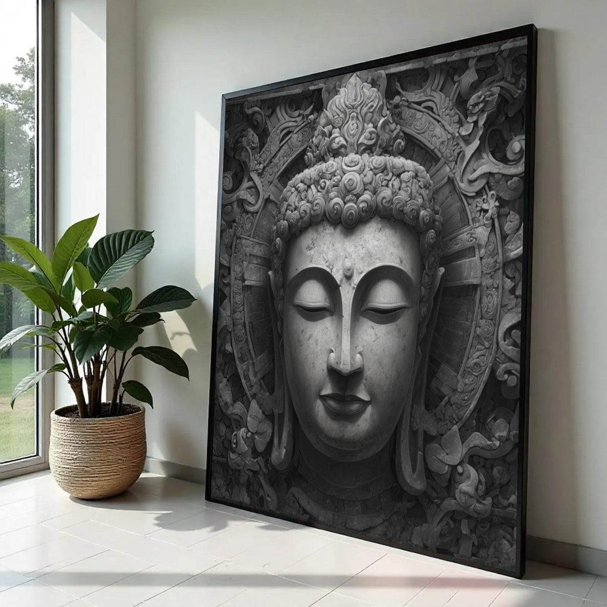 Tranquil Buddha Face Canvas Wall Art, Zen Meditation Decor, Asian Spiritual Sculpture Print, Peaceful Home Ready To Hang Decoration