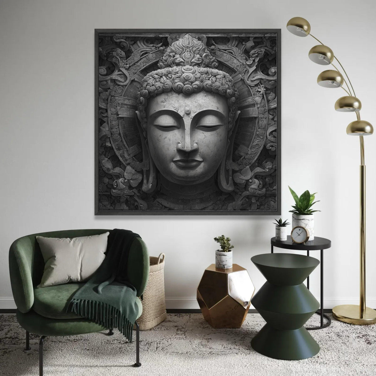 Tranquil Buddha Face Canvas Wall Art, Zen Meditation Decor, Asian Spiritual Sculpture Print, Peaceful Home Ready To Hang Decoration