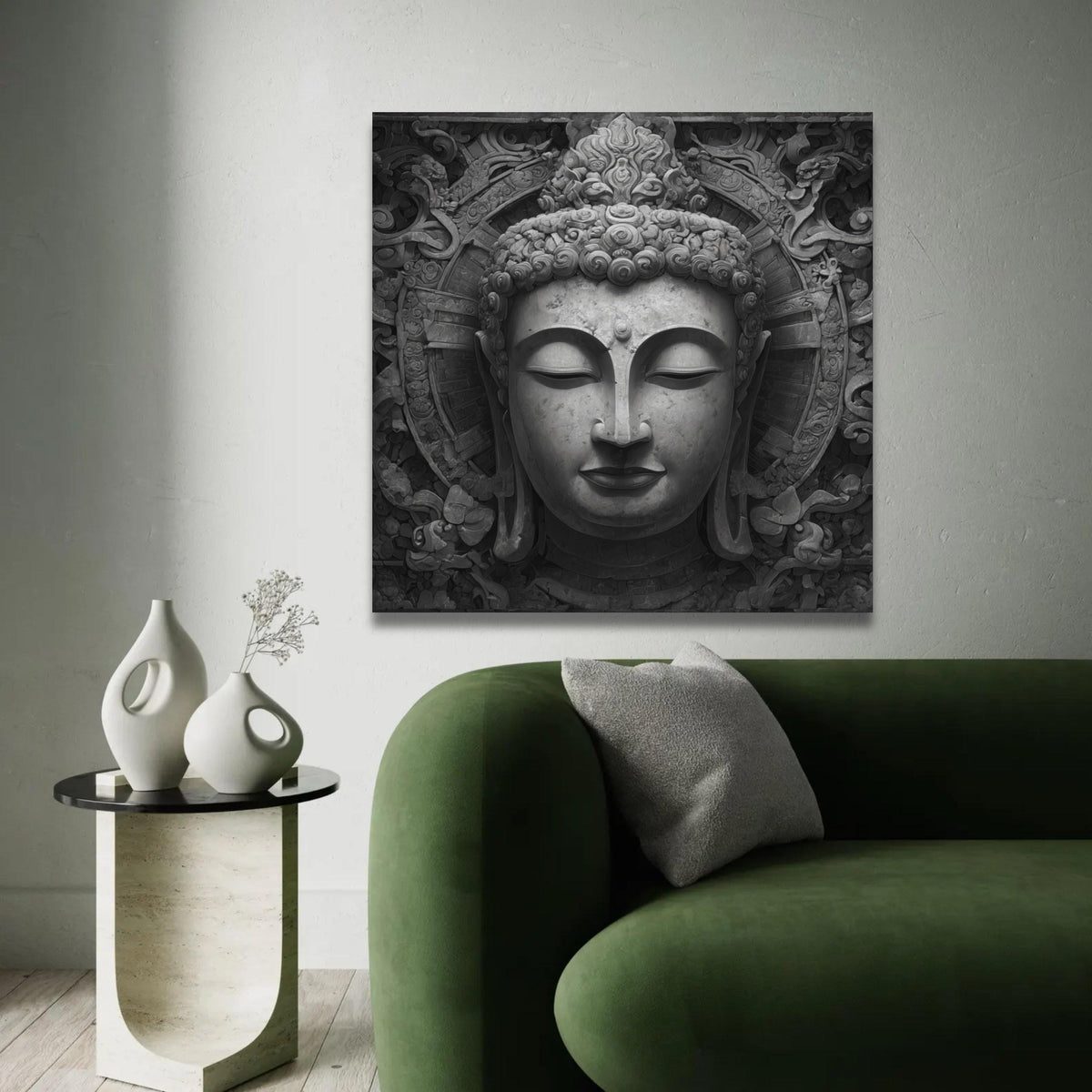 Tranquil Buddha Face Canvas Wall Art, Zen Meditation Decor, Asian Spiritual Sculpture Print, Peaceful Home Ready To Hang Decoration