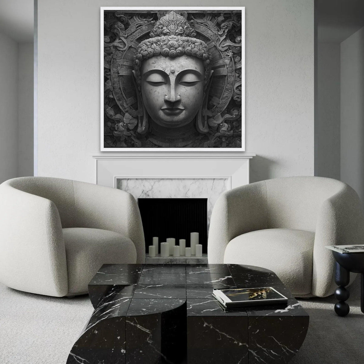 Tranquil Buddha Face Canvas Wall Art, Zen Meditation Decor, Asian Spiritual Sculpture Print, Peaceful Home Ready To Hang Decoration