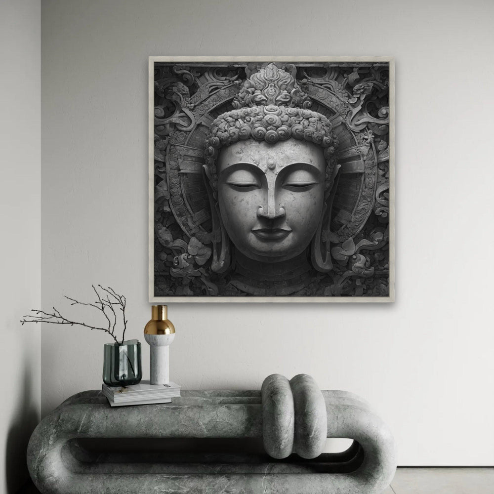 Tranquil Buddha Face Canvas Wall Art, Zen Meditation Decor, Asian Spiritual Sculpture Print, Peaceful Home Ready To Hang Decoration