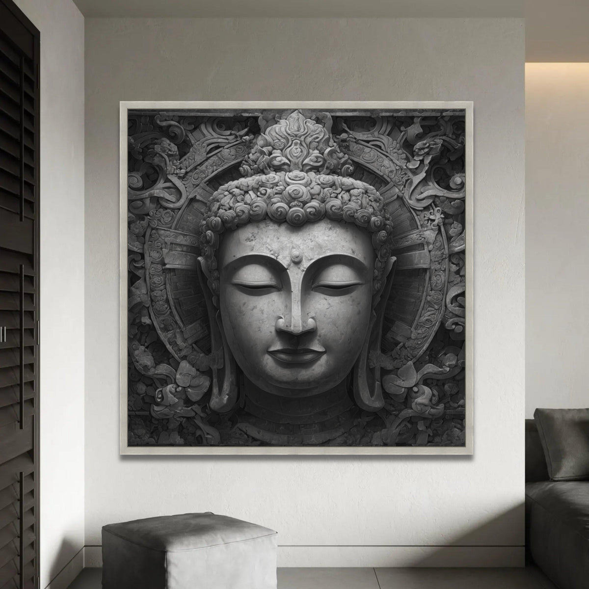 Tranquil Buddha Face Canvas Wall Art, Zen Meditation Decor, Asian Spiritual Sculpture Print, Peaceful Home Ready To Hang Decoration