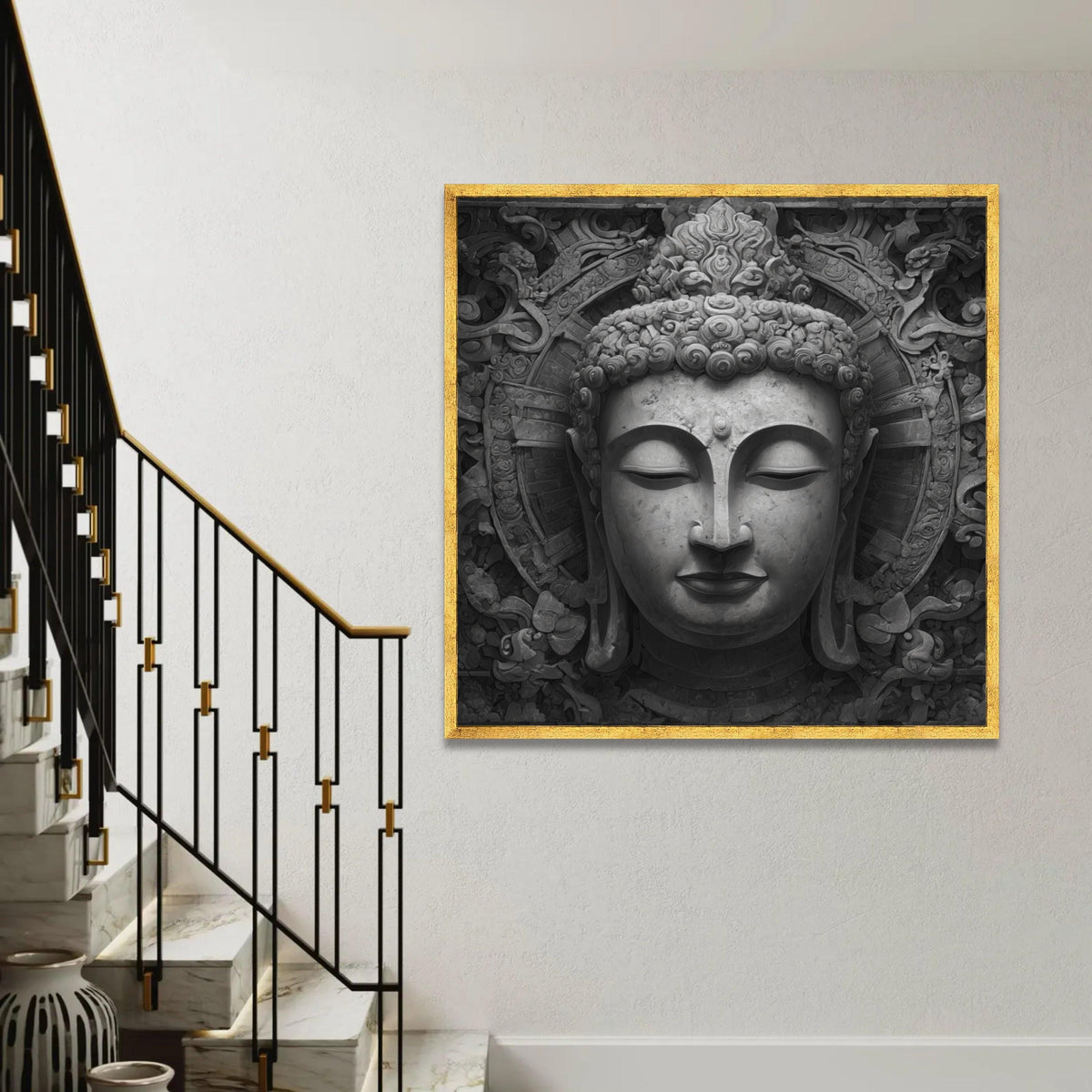 Tranquil Buddha Face Canvas Wall Art, Zen Meditation Decor, Asian Spiritual Sculpture Print, Peaceful Home Ready To Hang Decoration