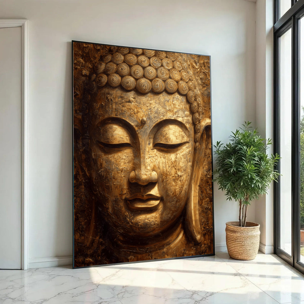 Golden Buddha Face Canvas Wall Art, Tranquil Meditation Decor, Spiritual Zen Canvas, Buddha Portrait, Home Sacred Ready To Hang Decoration