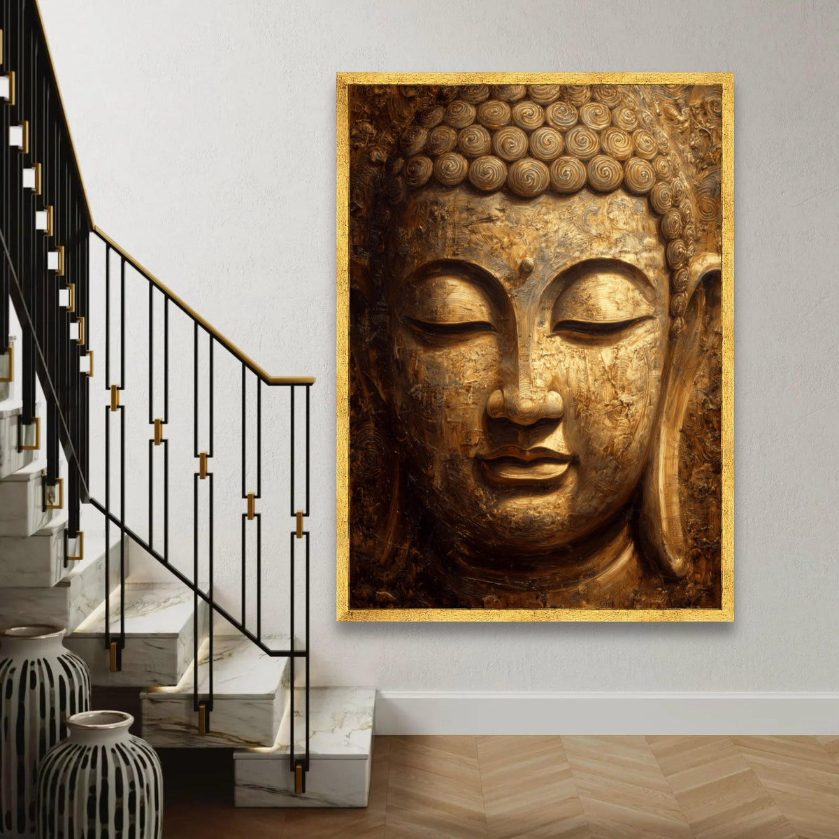 Golden Buddha Face Canvas Wall Art, Tranquil Meditation Decor, Spiritual Zen Canvas, Buddha Portrait, Home Sacred Ready To Hang Decoration