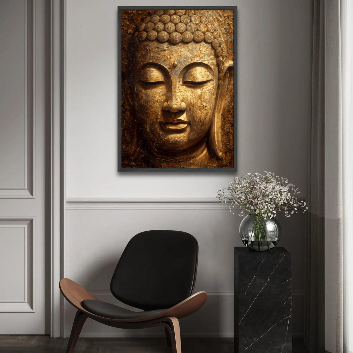Golden Buddha Face Canvas Wall Art, Tranquil Meditation Decor, Spiritual Zen Canvas, Buddha Portrait, Home Sacred Ready To Hang Decoration