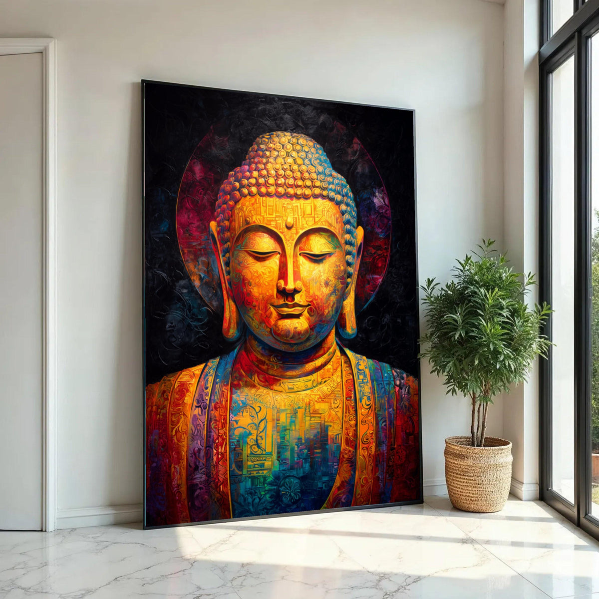 Vibrant Buddha Canvas Wall Art, Colorful Meditation Statue, Spiritual Home Decor, Zen Mindfulness Painting, Ready To Hang Decoration