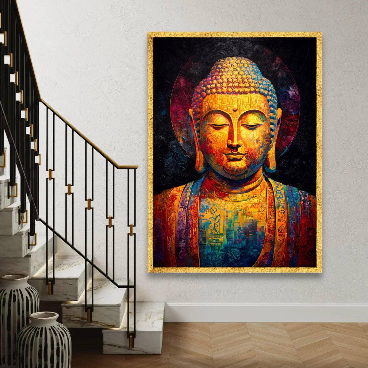 Vibrant Buddha Canvas Wall Art, Colorful Meditation Statue, Spiritual Home Decor, Zen Mindfulness Painting, Ready To Hang Decoration