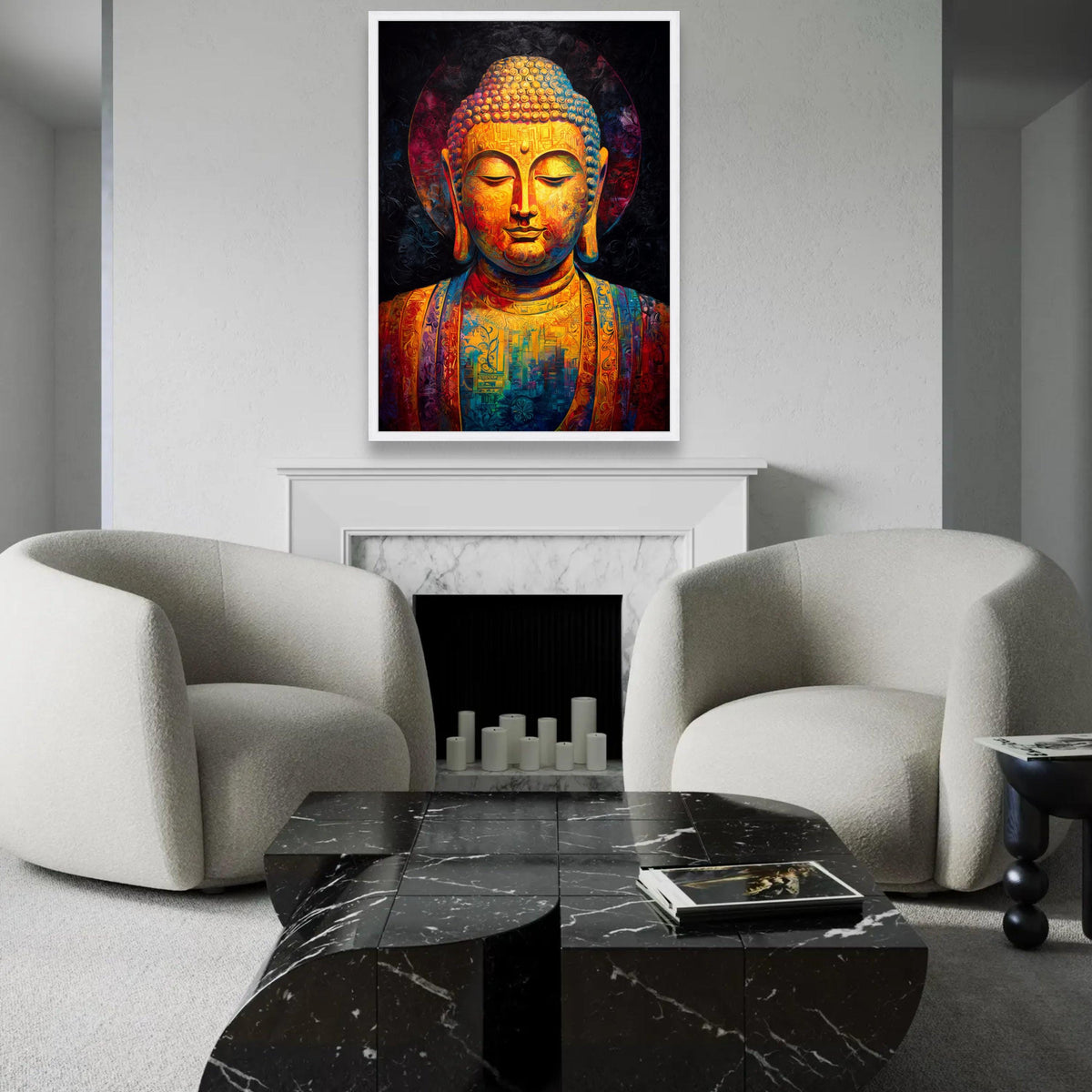 Vibrant Buddha Canvas Wall Art, Colorful Meditation Statue, Spiritual Home Decor, Zen Mindfulness Painting, Ready To Hang Decoration