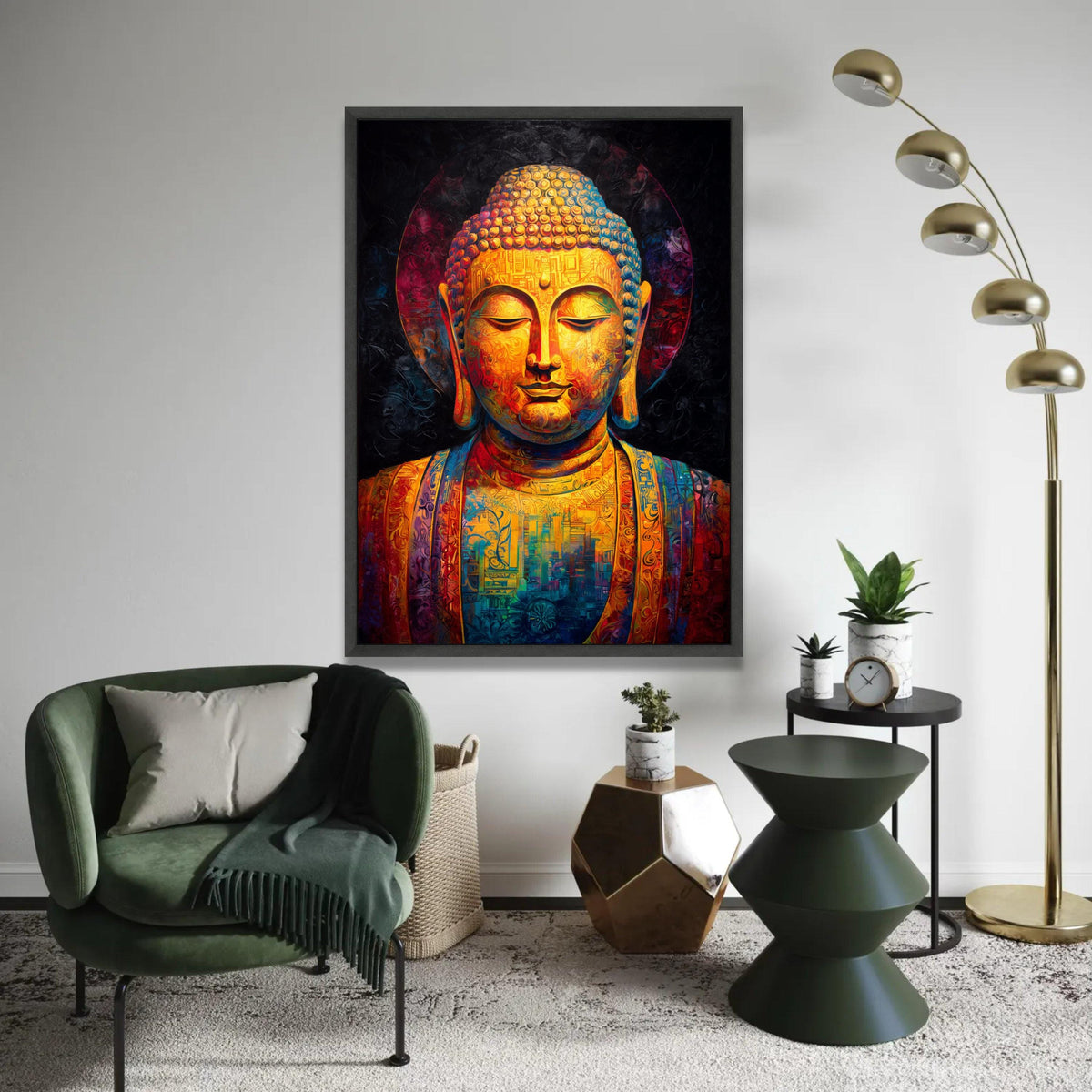 Vibrant Buddha Canvas Wall Art, Colorful Meditation Statue, Spiritual Home Decor, Zen Mindfulness Painting, Ready To Hang Decoration