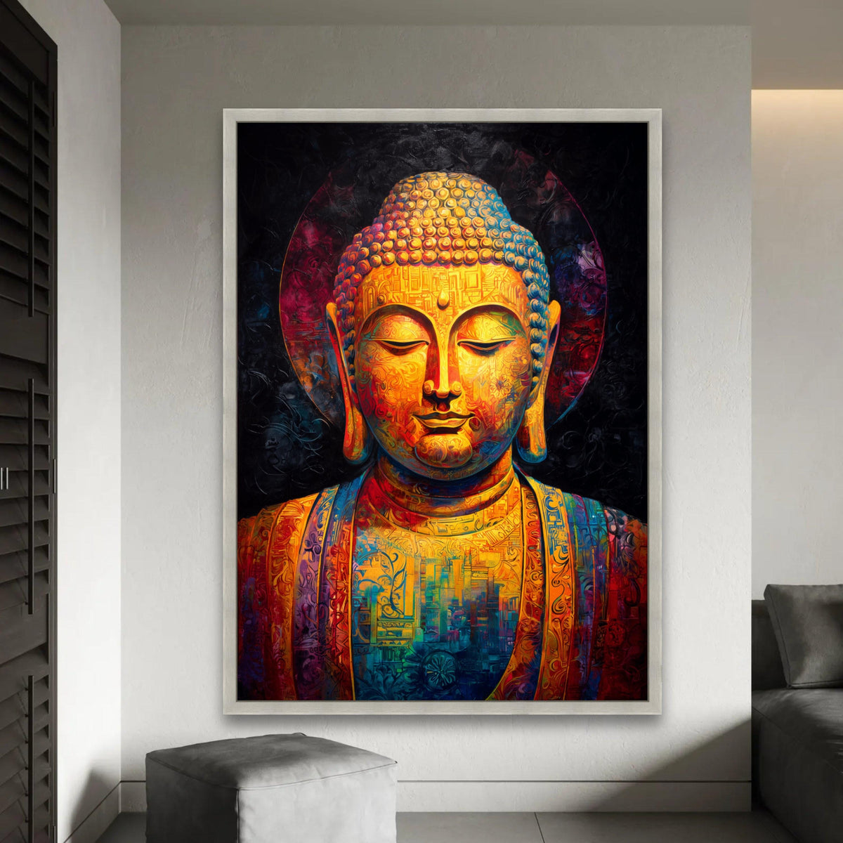Vibrant Buddha Canvas Wall Art, Colorful Meditation Statue, Spiritual Home Decor, Zen Mindfulness Painting, Ready To Hang Decoration