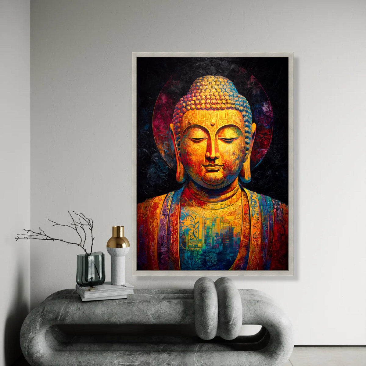 Vibrant Buddha Canvas Wall Art, Colorful Meditation Statue, Spiritual Home Decor, Zen Mindfulness Painting, Ready To Hang Decoration