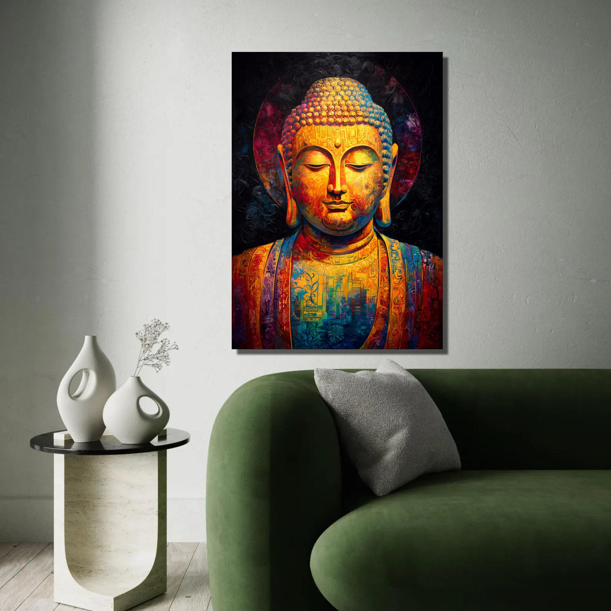 Vibrant Buddha Canvas Wall Art, Colorful Meditation Statue, Spiritual Home Decor, Zen Mindfulness Painting, Ready To Hang Decoration