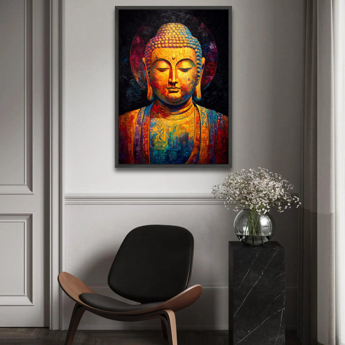 Vibrant Buddha Canvas Wall Art, Colorful Meditation Statue, Spiritual Home Decor, Zen Mindfulness Painting, Ready To Hang Decoration
