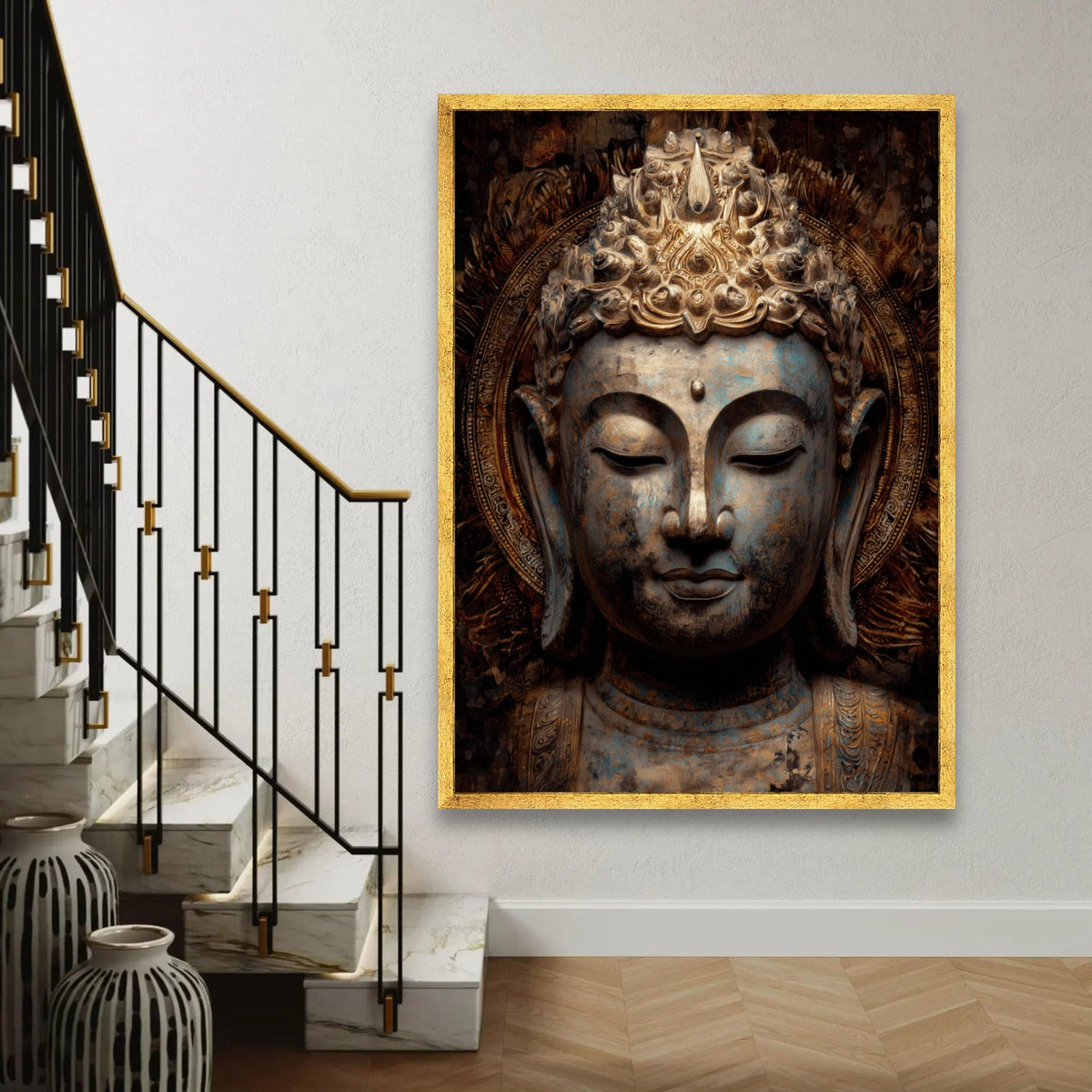Serene Buddha Head Canvas, Antique Spiritual Wall Art, Golden Meditation Decor, Tranquil Asian Statue Canvas, Zen Ready To Hang Decoration