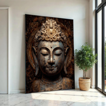 Serene Buddha Head Canvas, Antique Spiritual Wall Art, Golden Meditation Decor, Tranquil Asian Statue Canvas, Zen Ready To Hang Decoration
