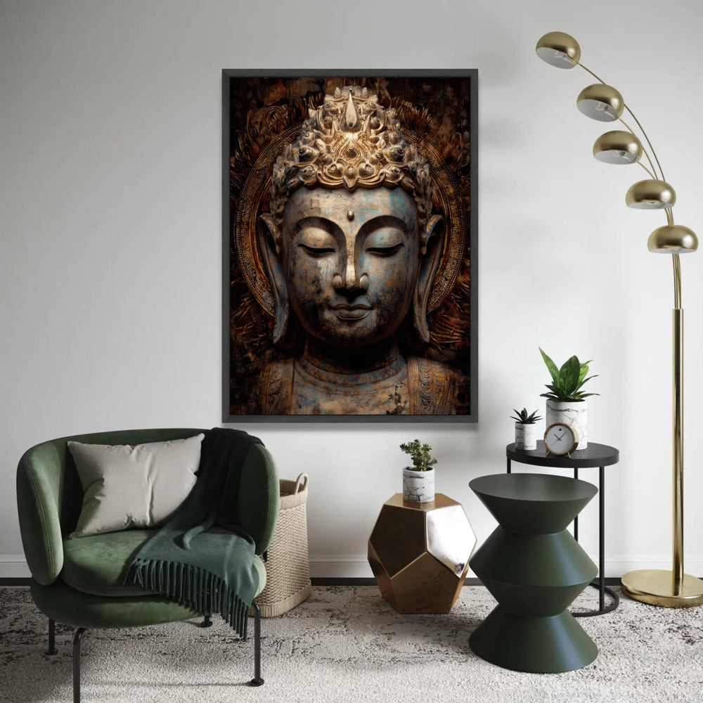 Serene Buddha Head Canvas, Antique Spiritual Wall Art, Golden Meditation Decor, Tranquil Asian Statue Canvas, Zen Ready To Hang Decoration