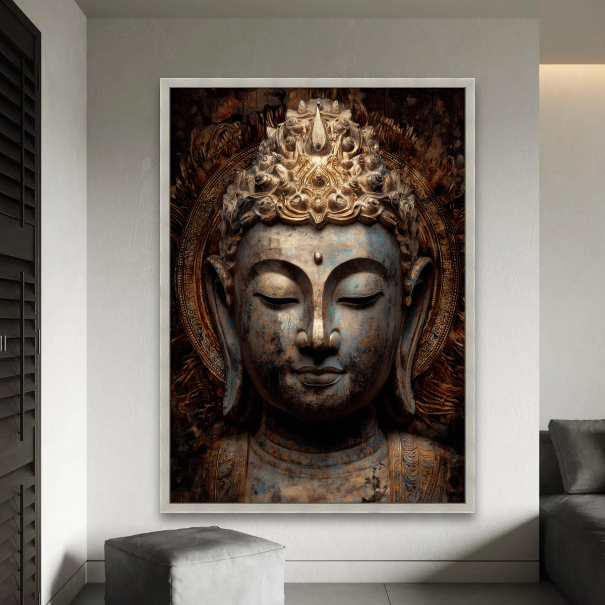 Serene Buddha Head Canvas, Antique Spiritual Wall Art, Golden Meditation Decor, Tranquil Asian Statue Canvas, Zen Ready To Hang Decoration