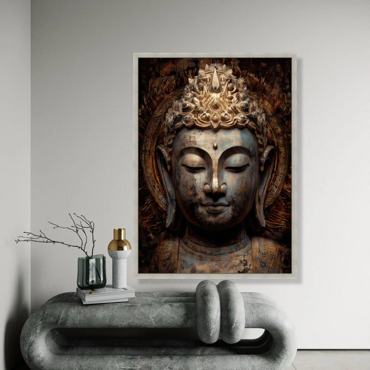 Serene Buddha Head Canvas, Antique Spiritual Wall Art, Golden Meditation Decor, Tranquil Asian Statue Canvas, Zen Ready To Hang Decoration
