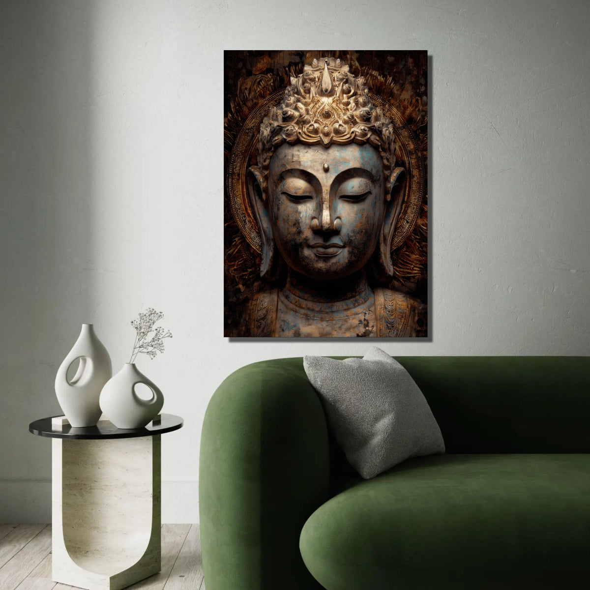 Serene Buddha Head Canvas, Antique Spiritual Wall Art, Golden Meditation Decor, Tranquil Asian Statue Canvas, Zen Ready To Hang Decoration
