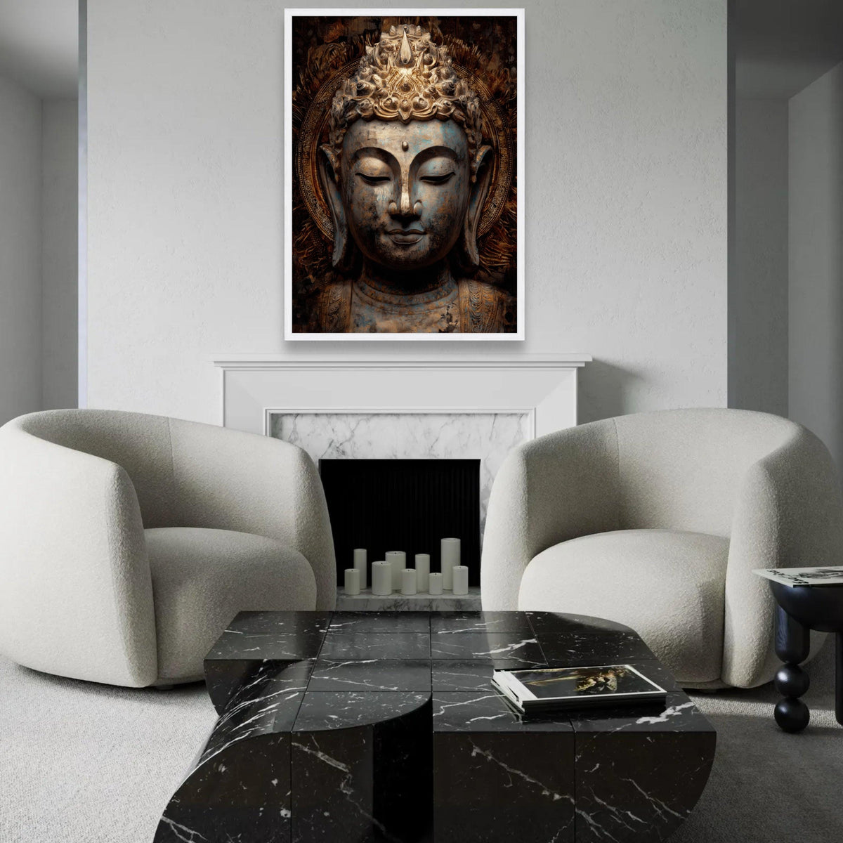 Serene Buddha Head Canvas, Antique Spiritual Wall Art, Golden Meditation Decor, Tranquil Asian Statue Canvas, Zen Ready To Hang Decoration