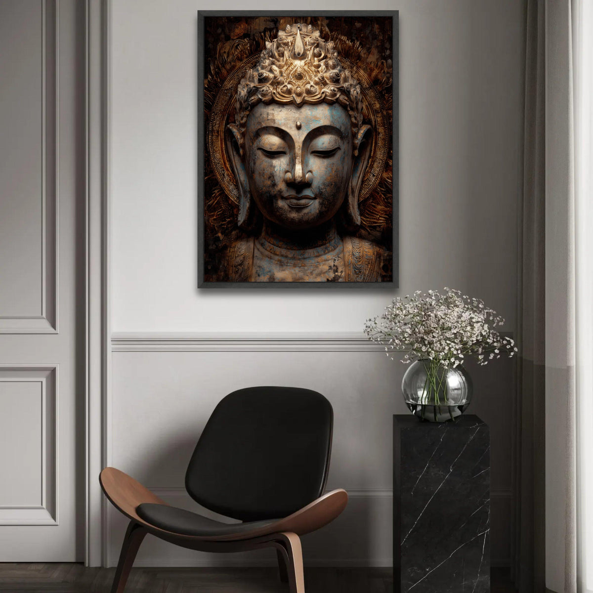 Serene Buddha Head Canvas, Antique Spiritual Wall Art, Golden Meditation Decor, Tranquil Asian Statue Canvas, Zen Ready To Hang Decoration