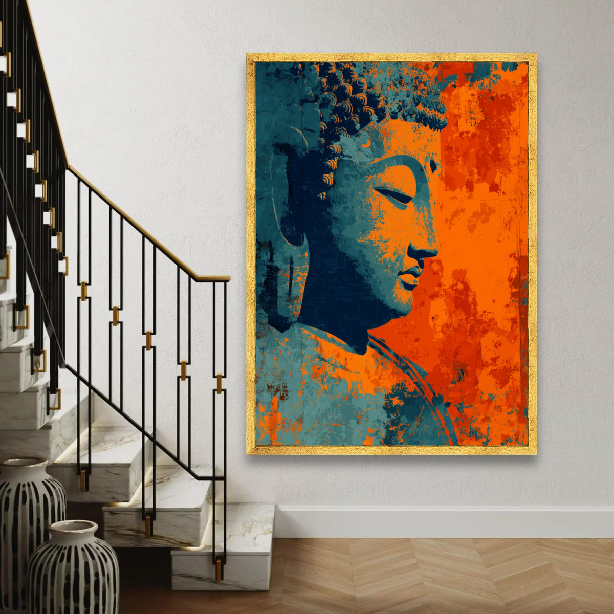 Meditative Buddha Profile Canvas, Abstract Spiritual Wall Art, Orange Blue Buddha Painting, Zen Home Decoration, Ready To Hang Decoration